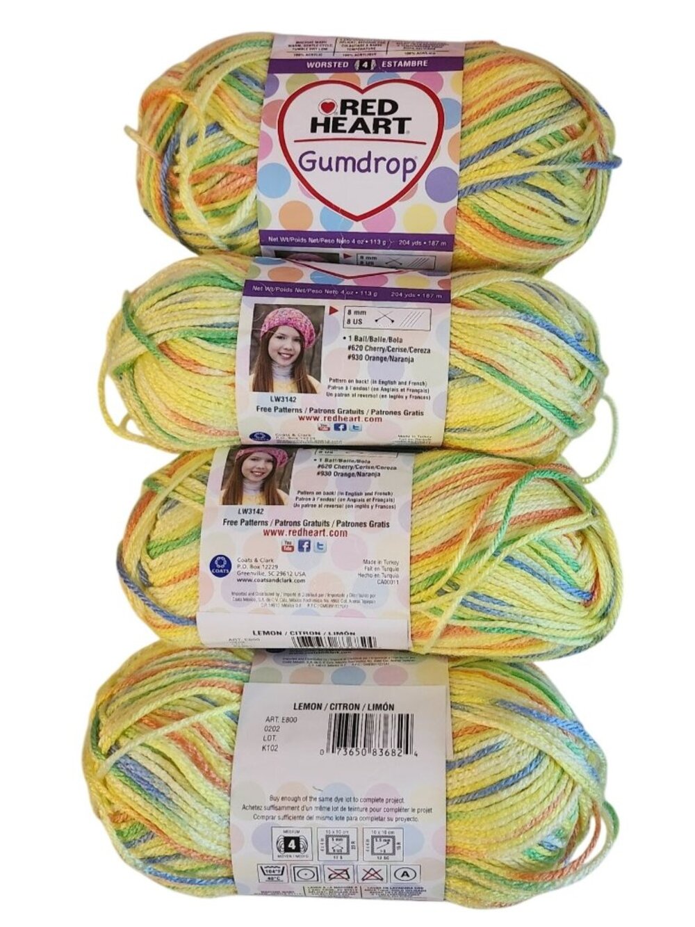Gumdrop 4 Lemon Variegated Worsted Acrylic Yarn Turkey Red Heart